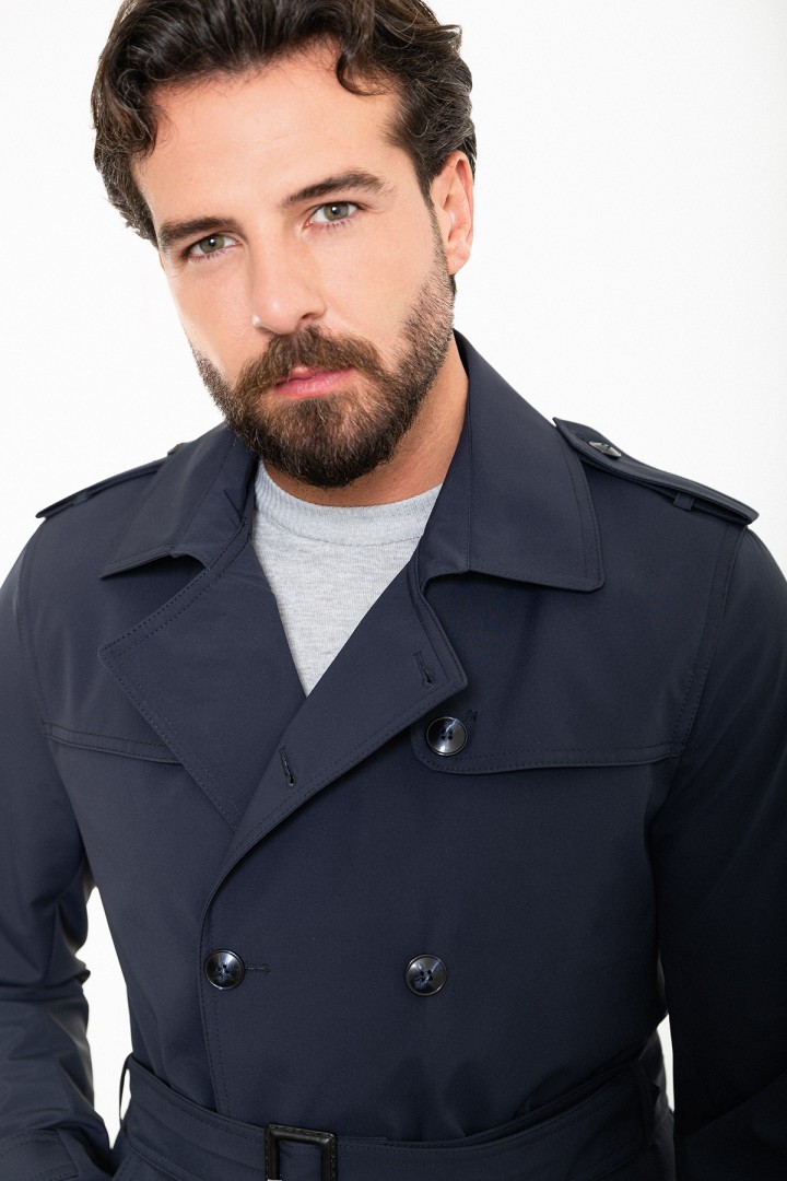 Dark Blue Color Double Breasted And Belted Design Casual Men's Trench Coat