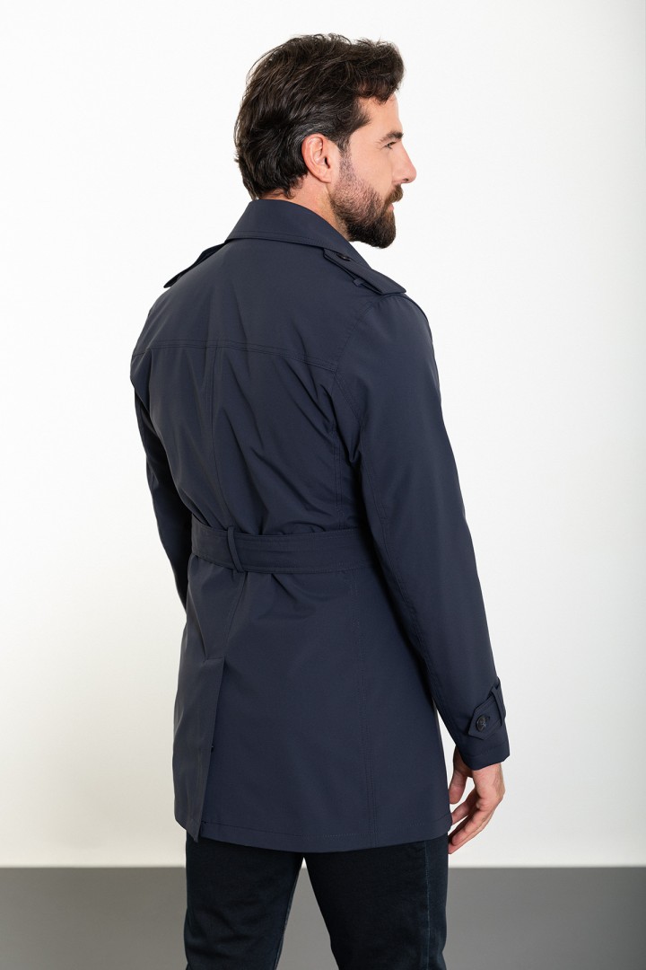Dark Blue Color Double Breasted And Belted Design Casual Men's Trench Coat