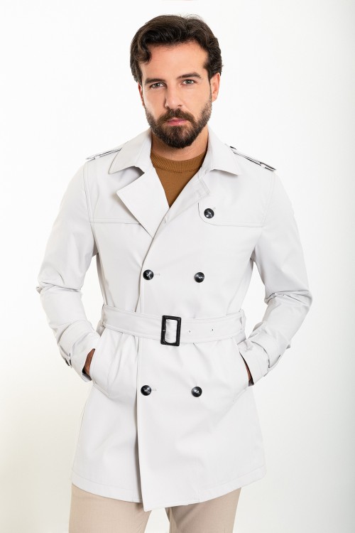 Stone Color Double Breasted And Belted Design Casual Men's Trench Coat