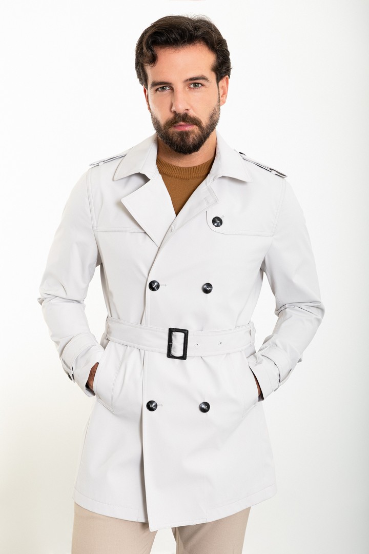 Stone Color Double Breasted And Belted Design Casual Men's Trench Coat