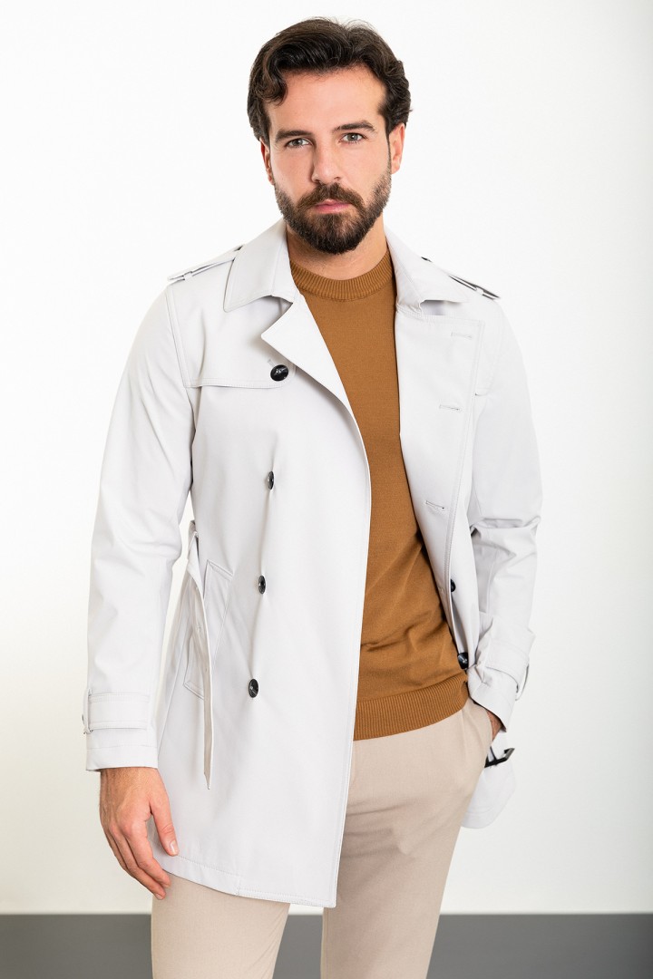 Stone Color Double Breasted And Belted Design Casual Men's Trench Coat