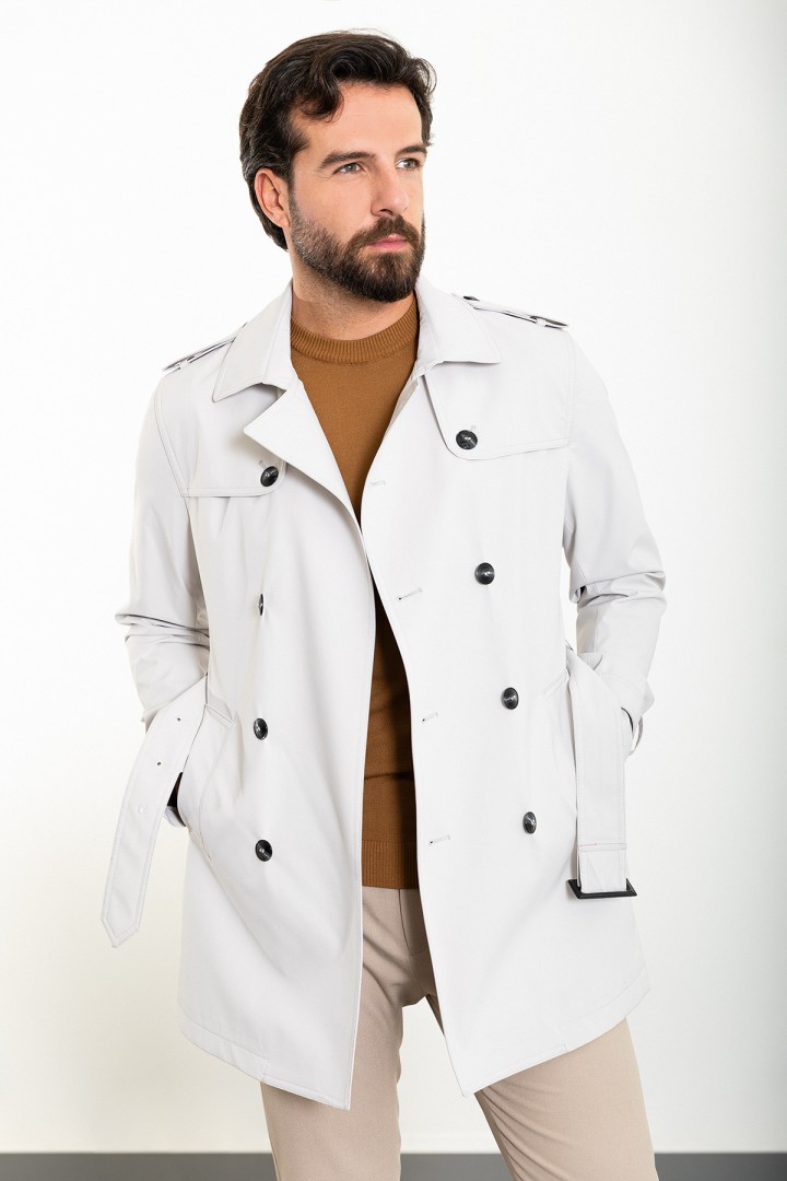 Stone Color Double Breasted And Belted Design Casual Men's Trench Coat