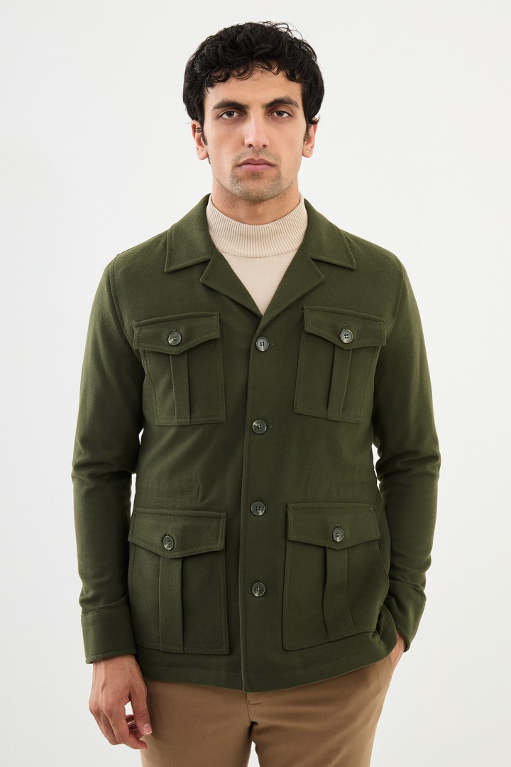 Khaki Color Flap Pocket Design Casual Wool Men's Overcoat Jacket