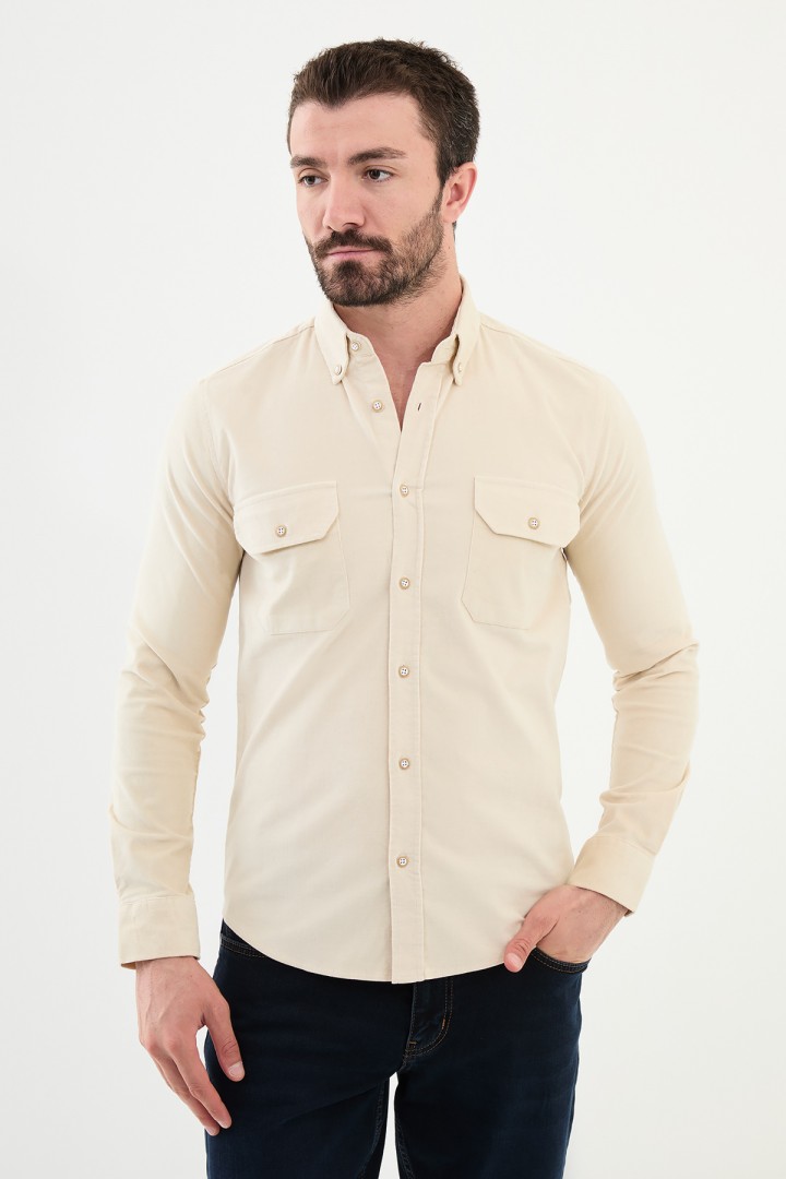 Ecru Color Flap Pocket Design Casual Men's Velvet Shirt