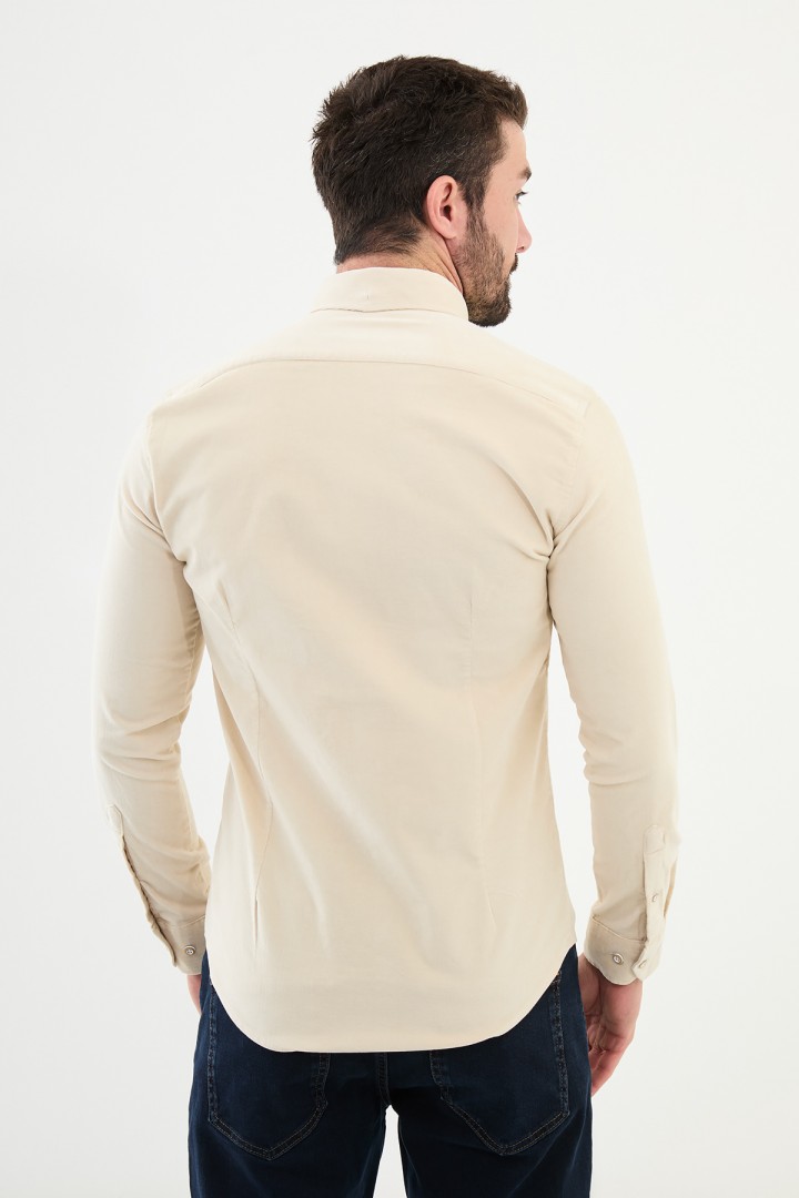 Ecru Color Flap Pocket Design Casual Men's Velvet Shirt