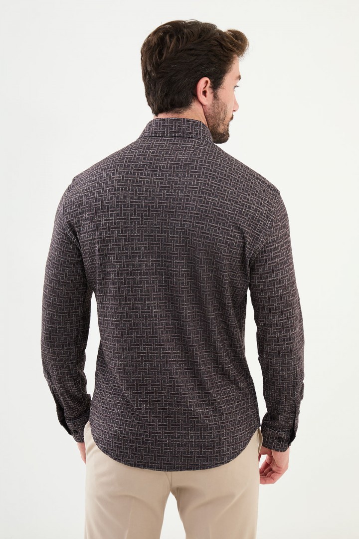 Brown Color Figured Design Casual Men's Shirt