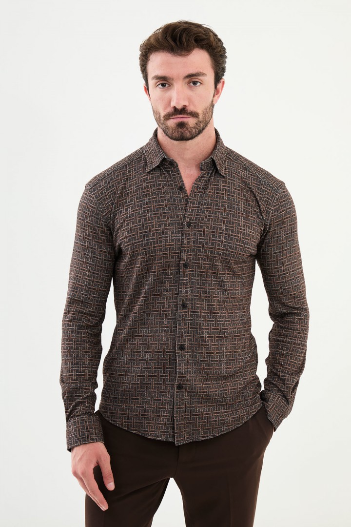 Camel Color Figured Design Casual Men's Shirt