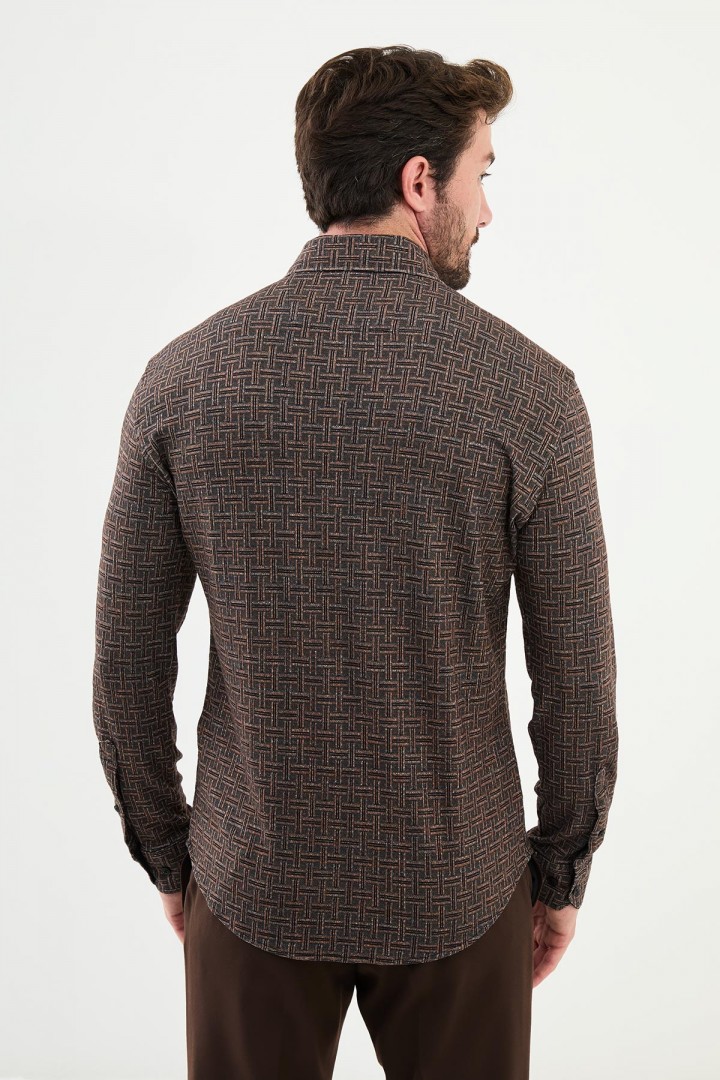 Camel Color Figured Design Casual Men's Shirt
