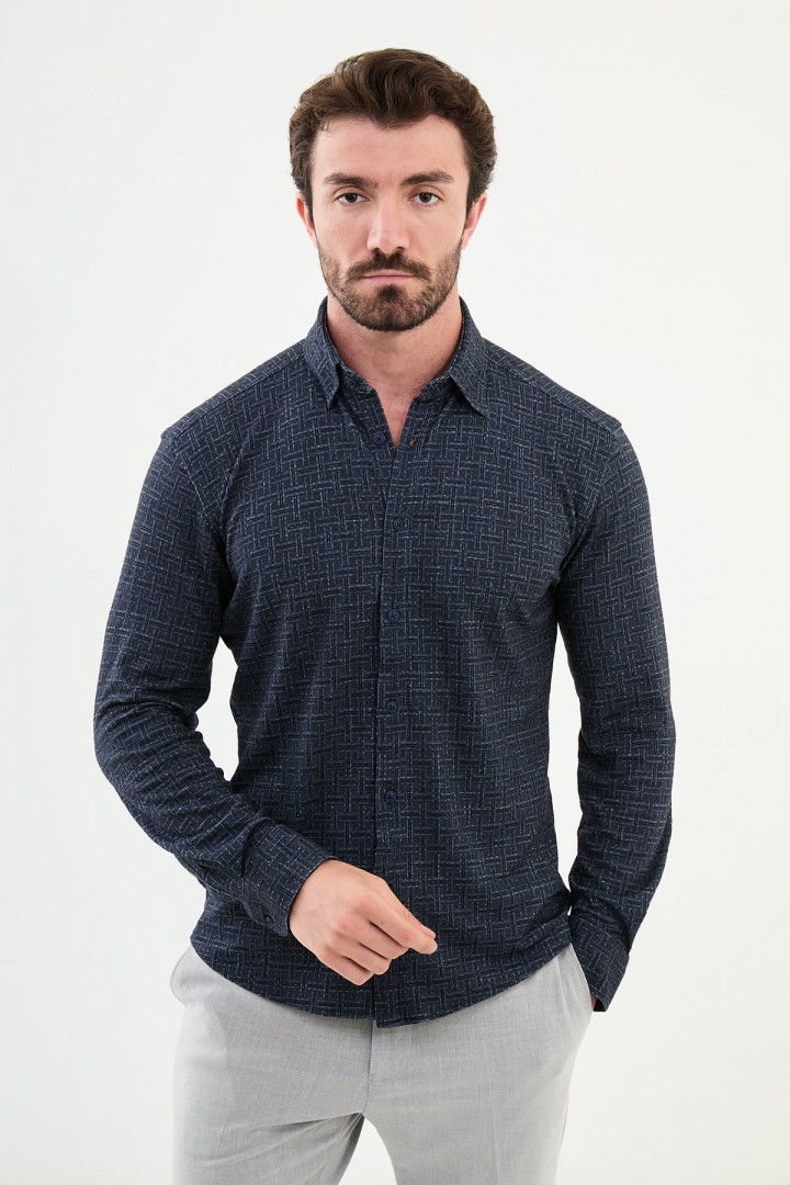 Navy Dark Blue Color Figured Design Casual Men's Shirt