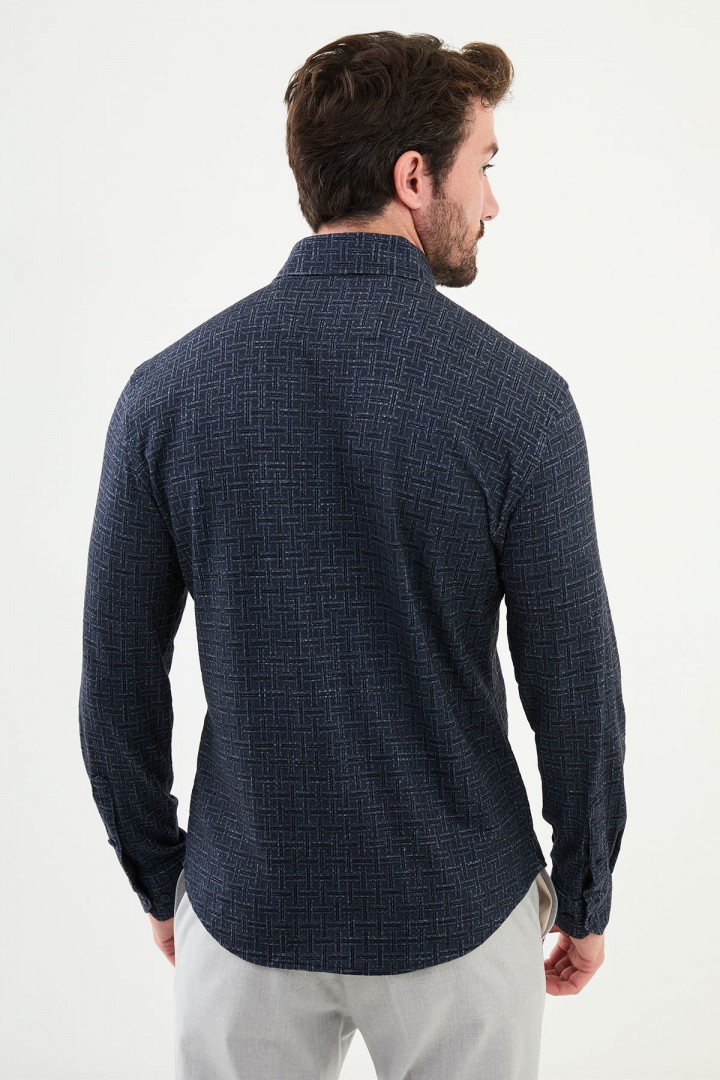 Navy Dark Blue Color Figured Design Casual Men's Shirt