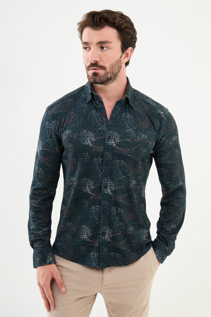 Emerald Color Figured Design Casual Men's Shirt