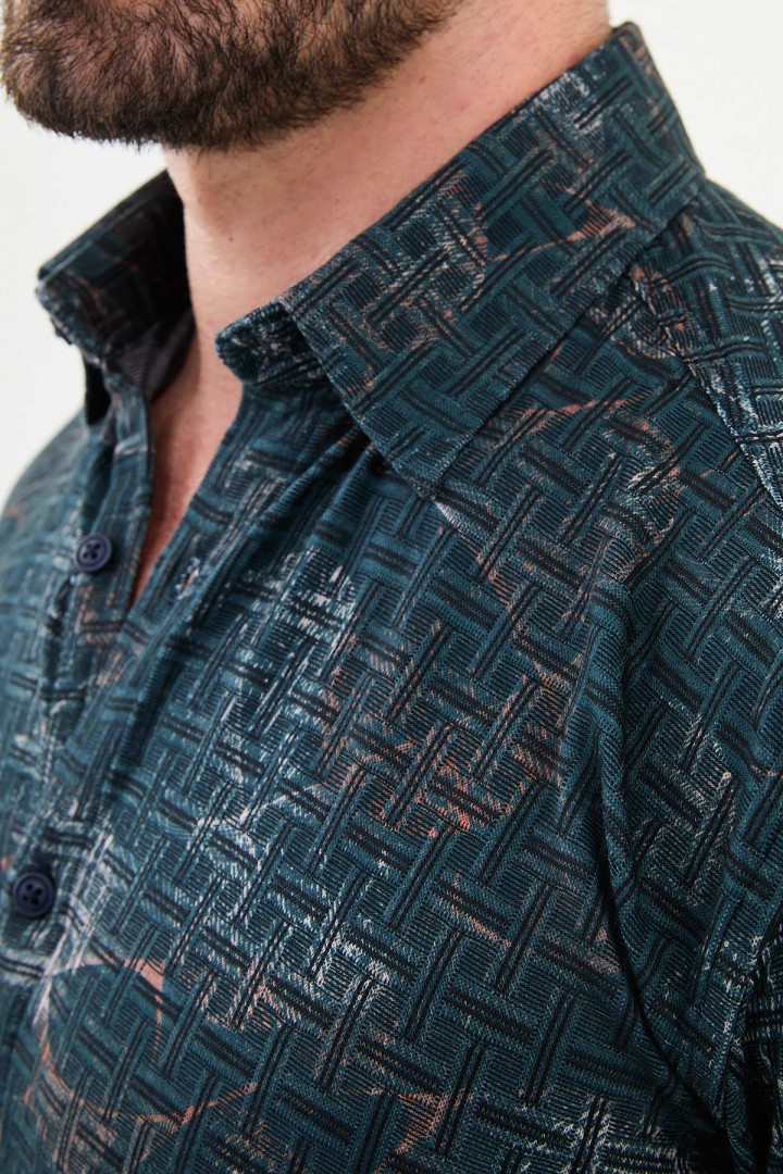 Emerald Color Figured Design Casual Men's Shirt
