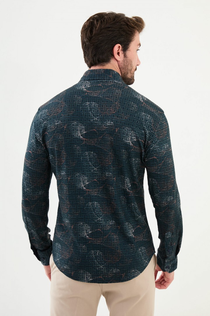 Emerald Color Figured Design Casual Men's Shirt