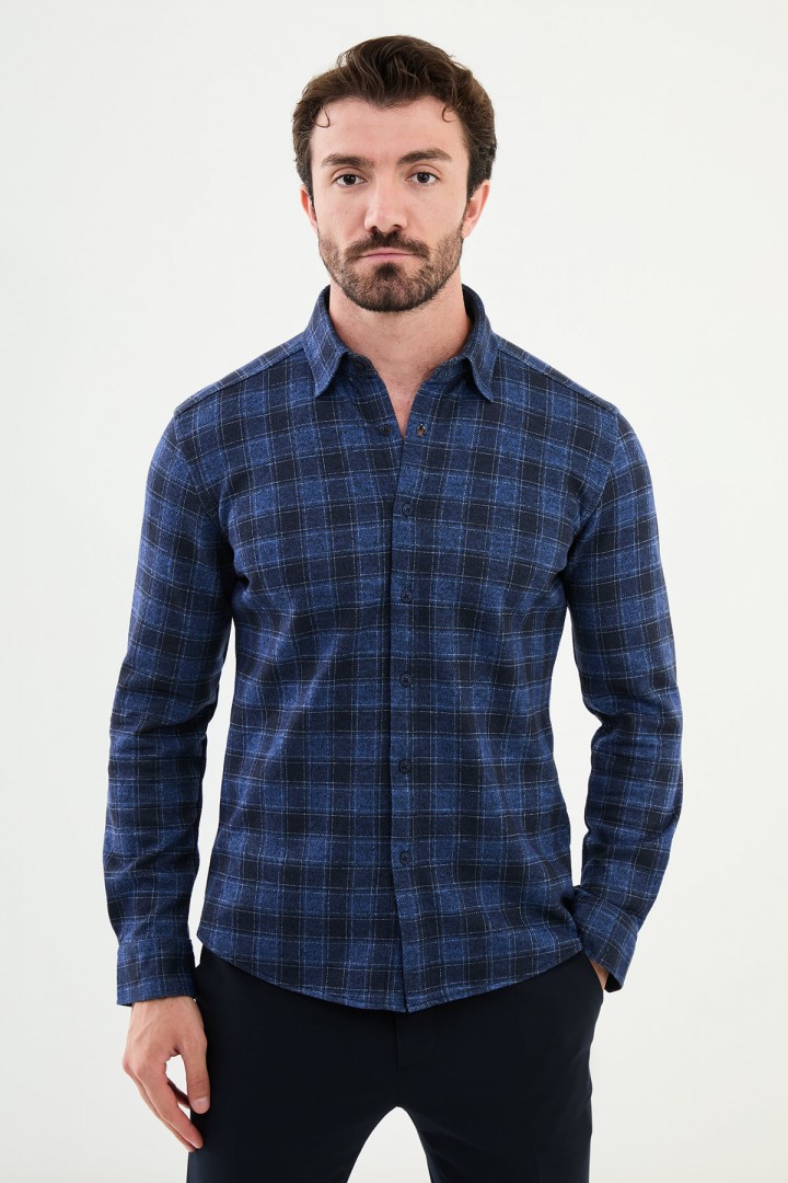 Sax Color Check Pattern Design Casual Men's Shirt