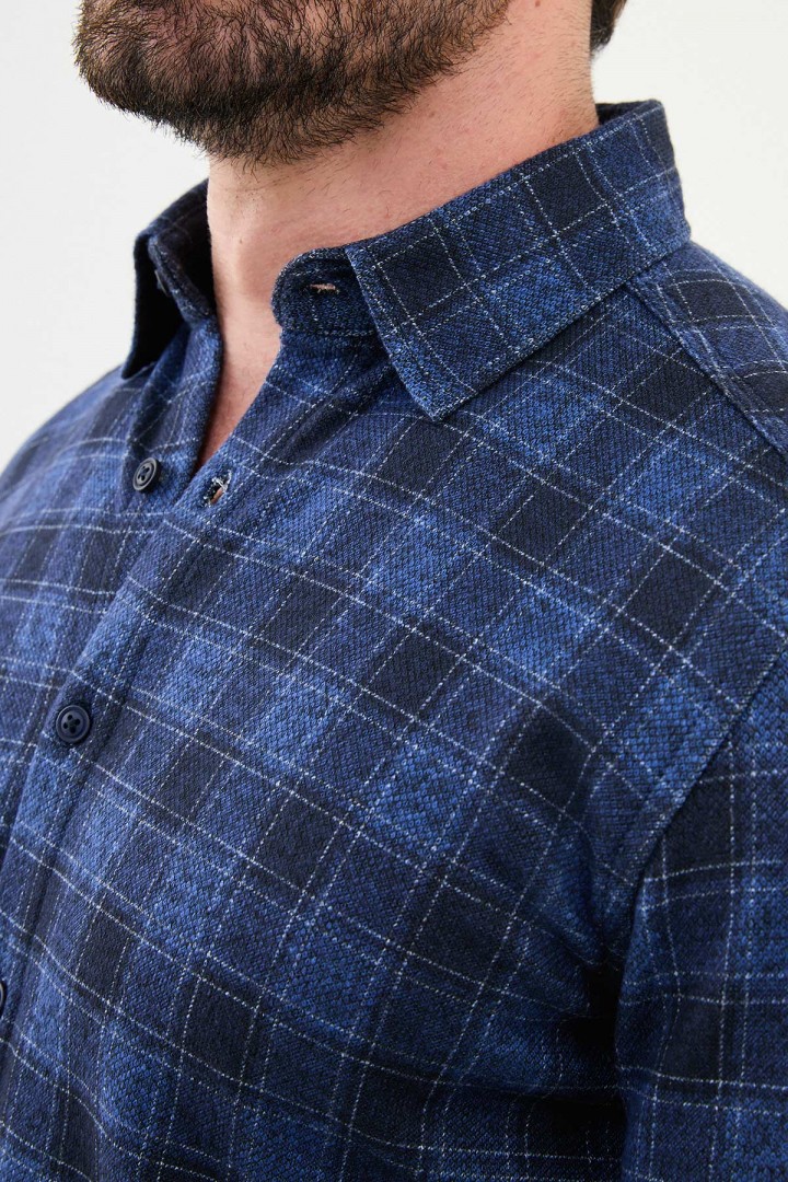 Sax Color Check Pattern Design Casual Men's Shirt