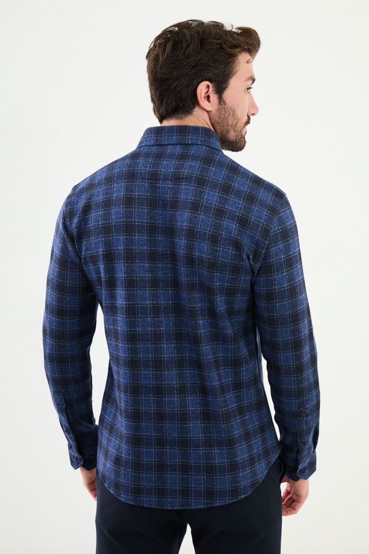 Sax Color Check Pattern Design Casual Men's Shirt