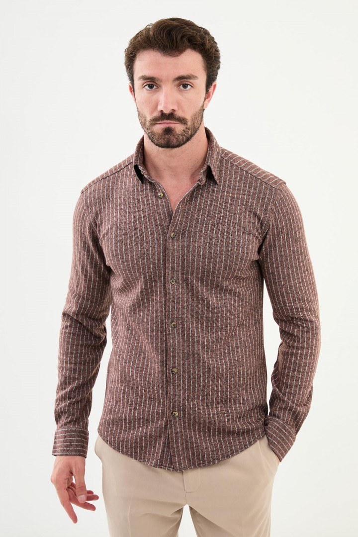 Camel And Grey Color Striped Design Casual Men's Shirt
