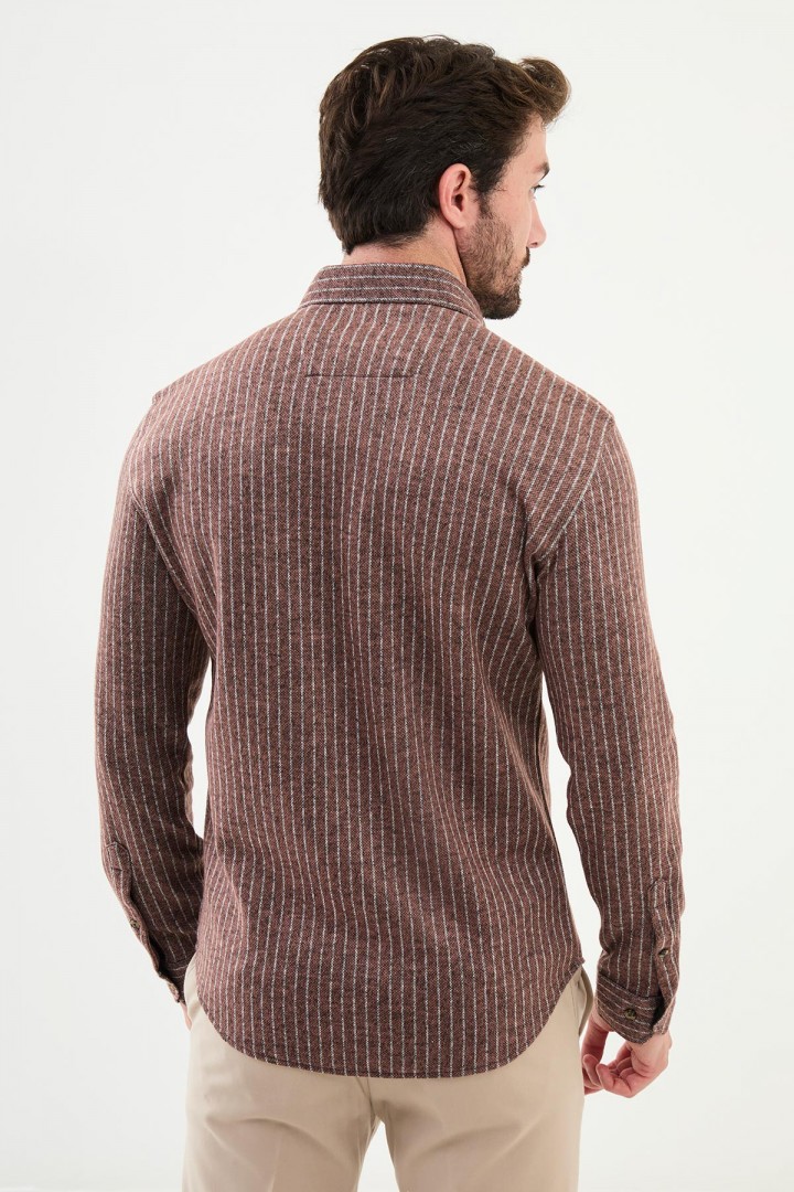 Camel And Grey Color Striped Design Casual Men's Shirt