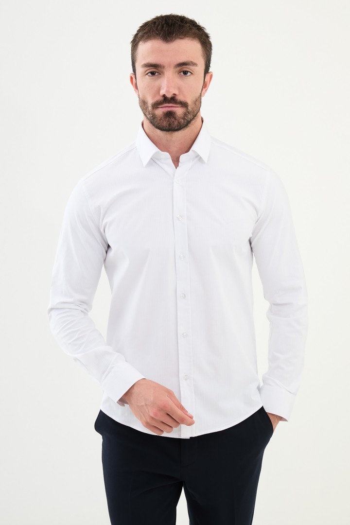 White Color Down Collar Stretch Washed Classic Men's Oxford Shirt