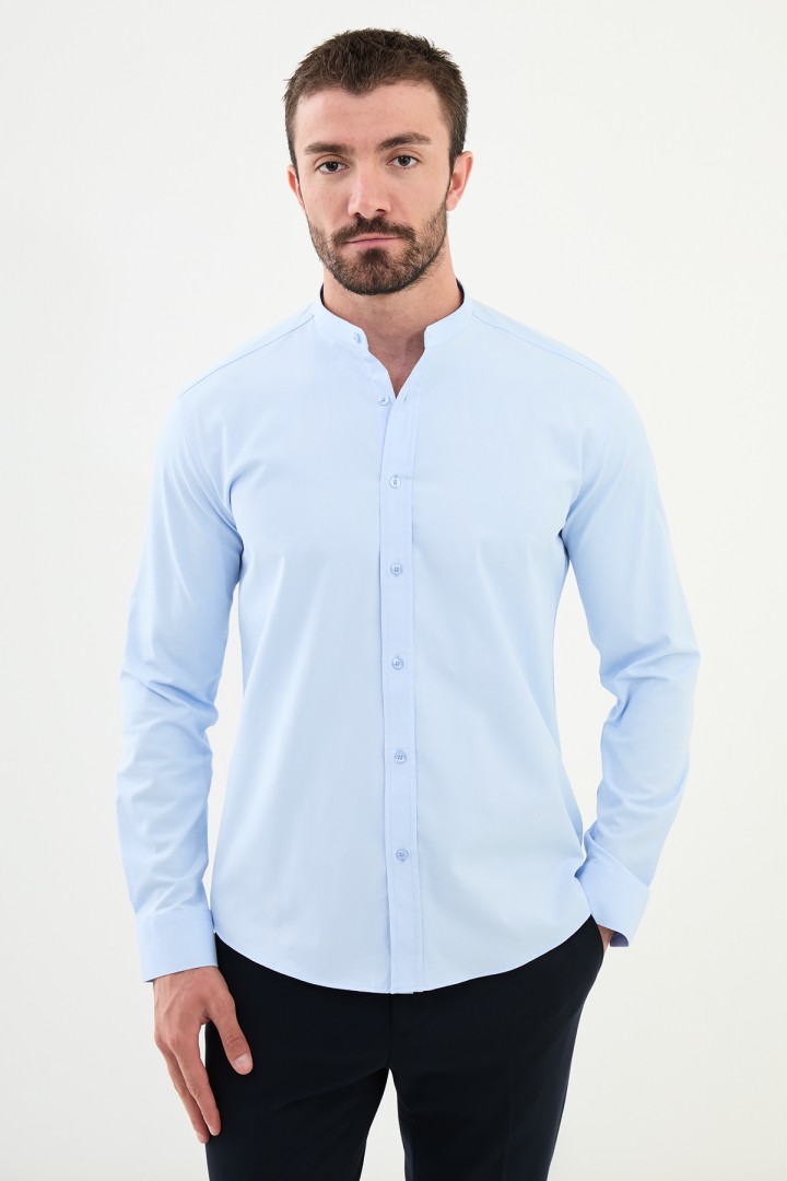 Blue Color Mandarin Collar Stretch Washed Classic Men's Oxford Shirt