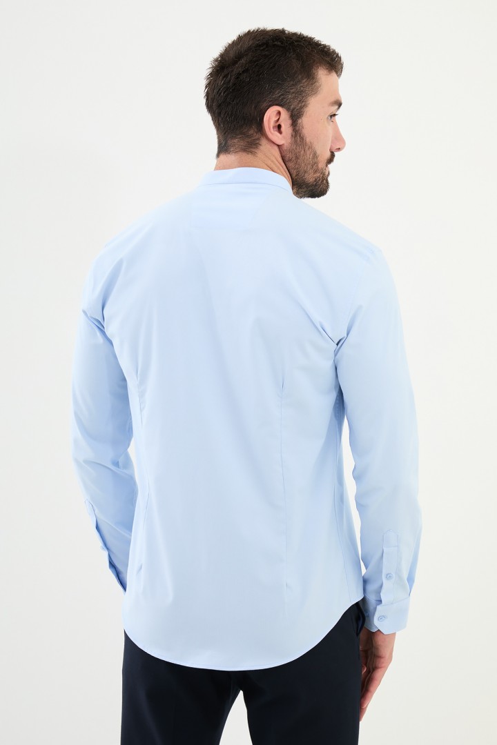 Blue Color Mandarin Collar Stretch Washed Classic Men's Oxford Shirt