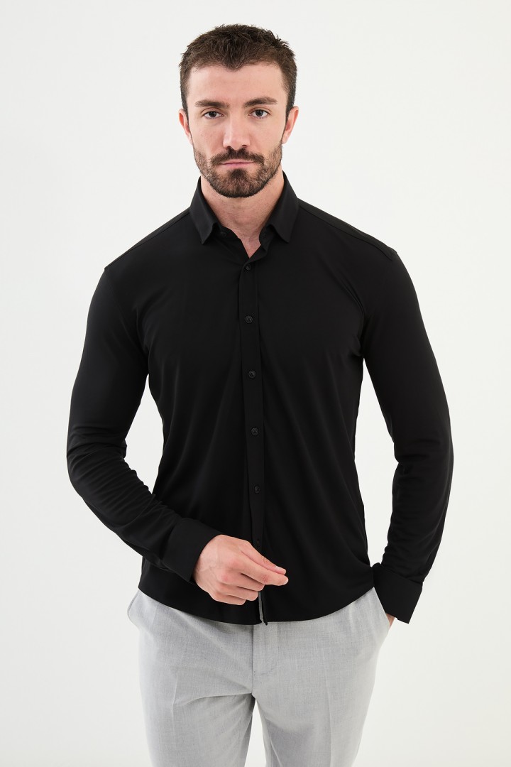 Black Color Down Collar Stretch Washed Classic Men's Oxford Shirt