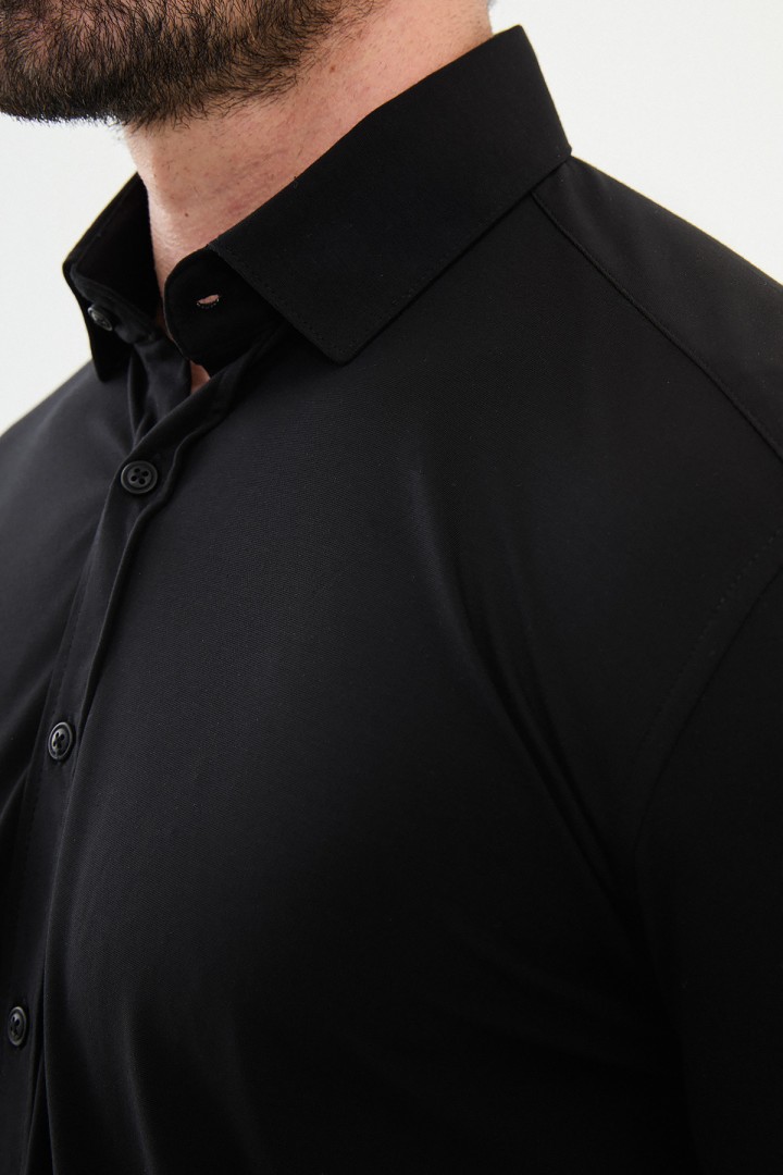Black Color Down Collar Stretch Washed Classic Men's Oxford Shirt