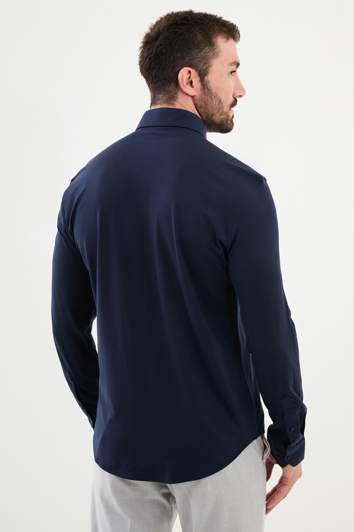 Dark Blue Color Down Collar Stretch Washed Classic Men's Oxford Shirt