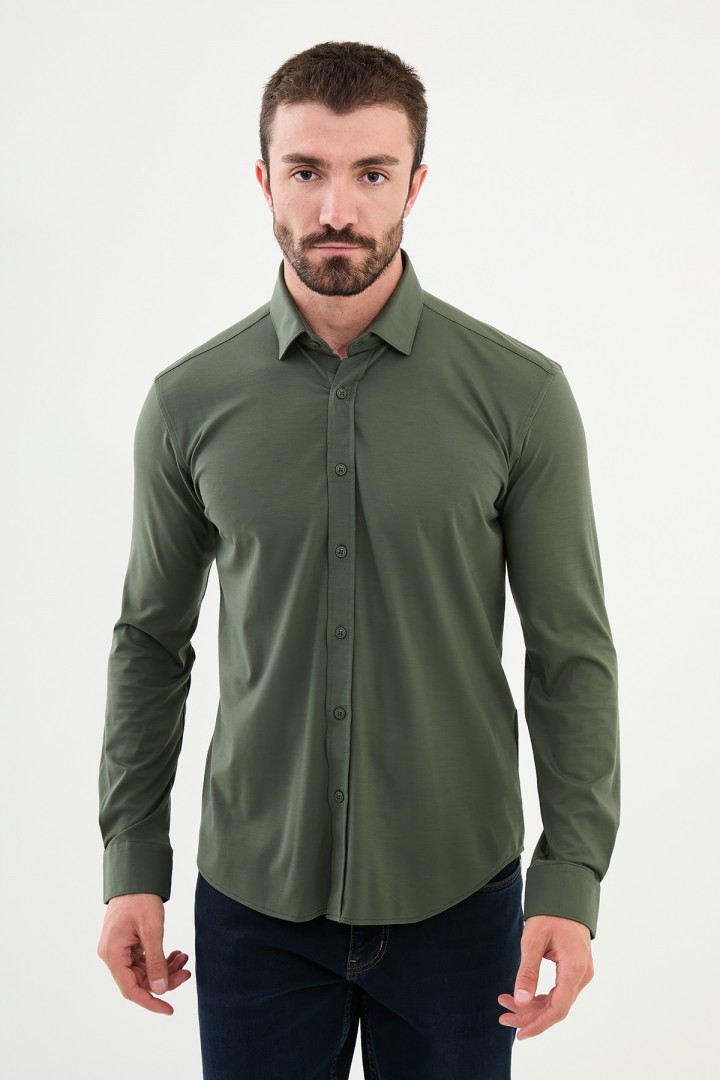 Khaki Color Down Collar Stretch Washed Classic Men's Oxford Shirt