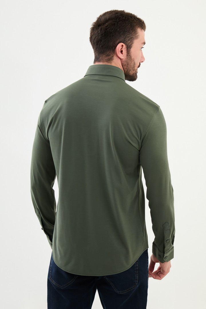 Khaki Color Down Collar Stretch Washed Classic Men's Oxford Shirt