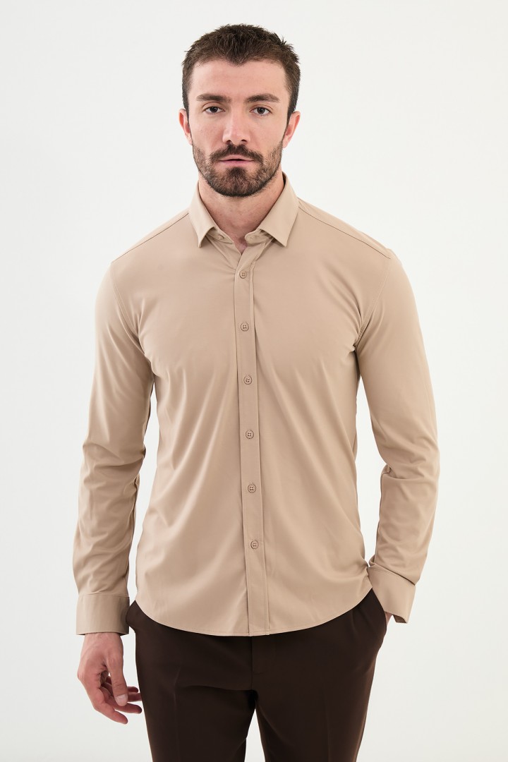 Beige Color Down Collar Stretch Washed Classic Men's Oxford Shirt