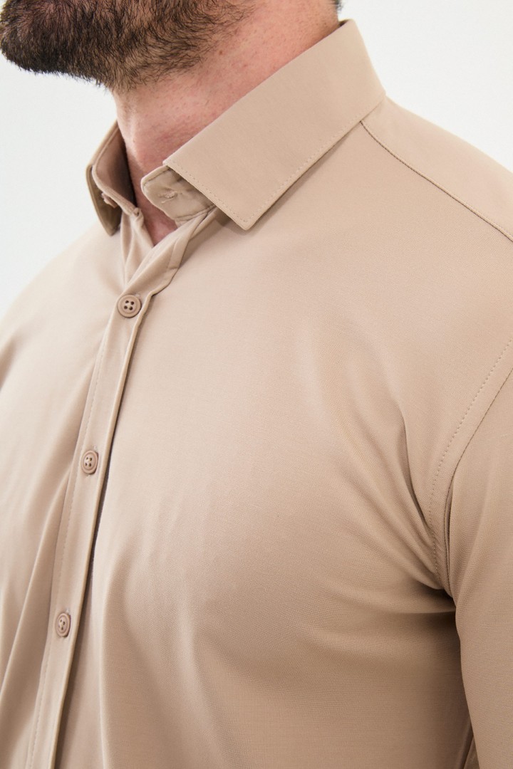 Beige Color Down Collar Stretch Washed Classic Men's Oxford Shirt