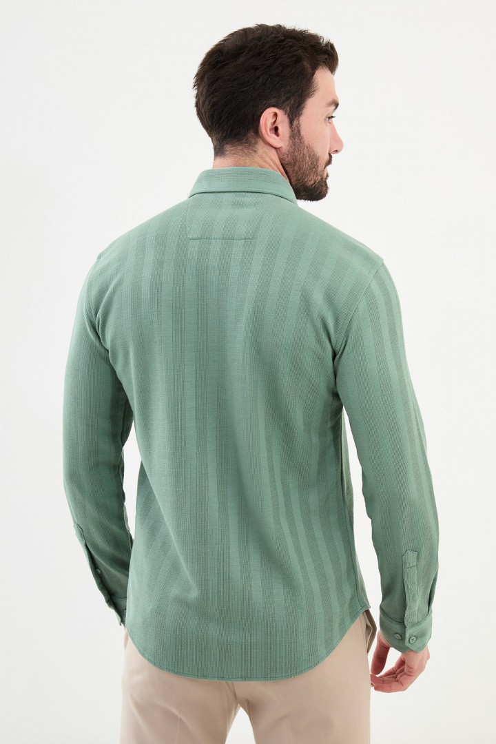 Unripe Almond Color Striped Design Casual Cotton Men's Shirt