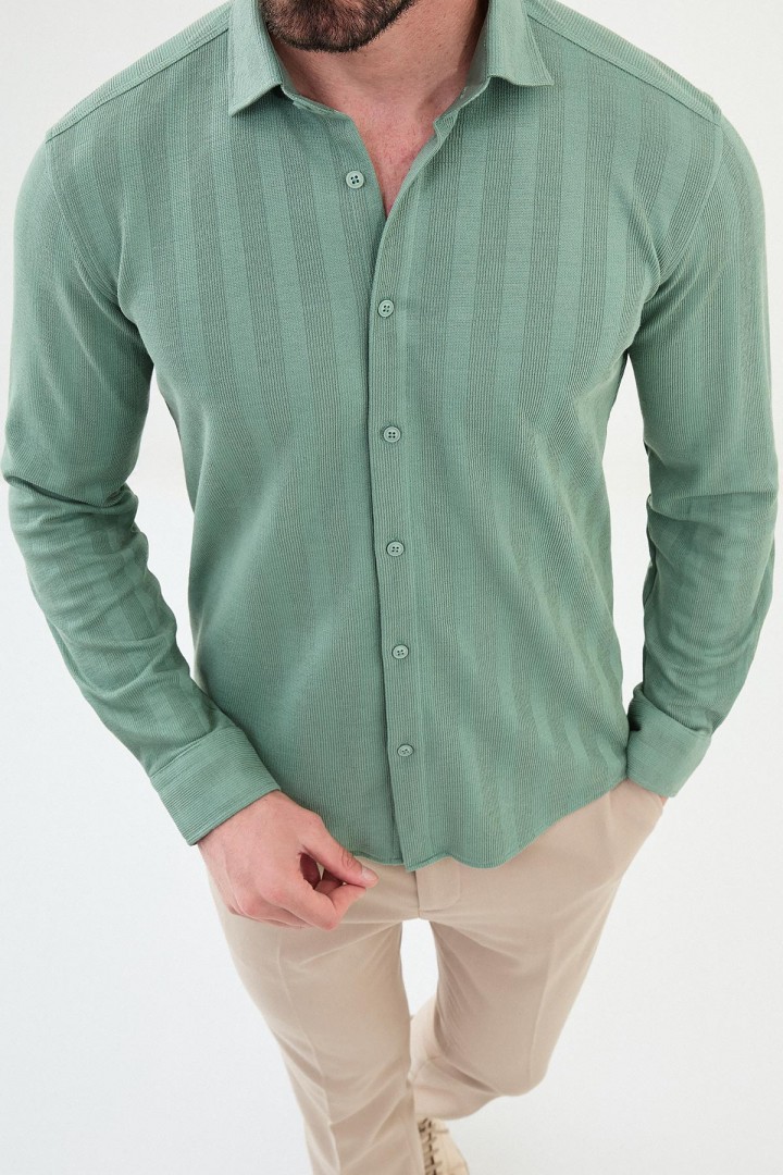 Unripe Almond Color Striped Design Casual Cotton Men's Shirt