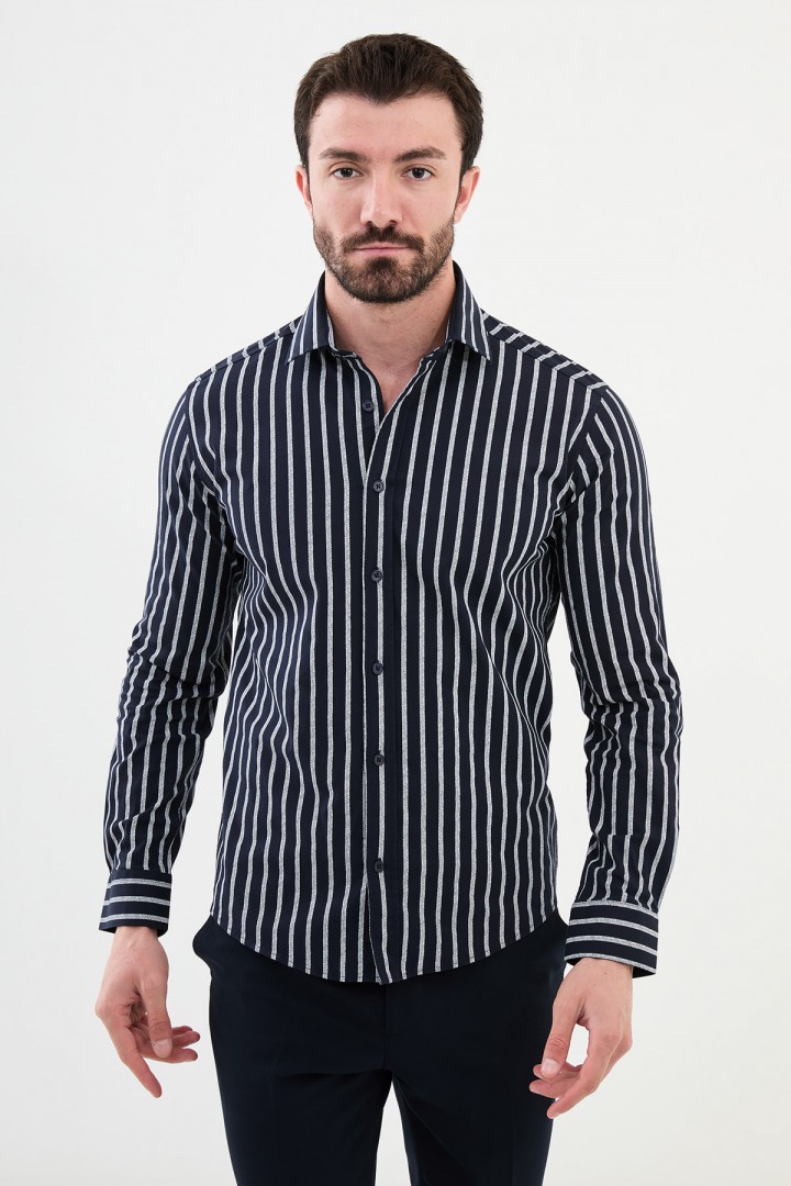 Dark Blue Color Striped Design Casual Cotton Men's Shirt