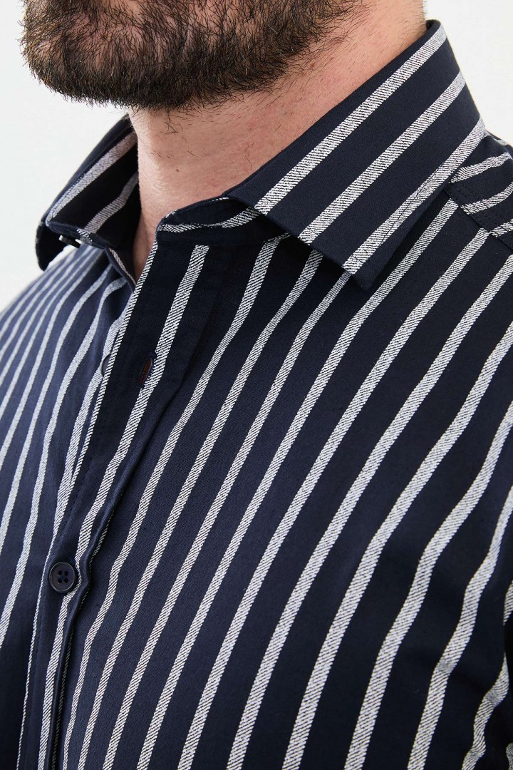 Dark Blue Color Striped Design Casual Cotton Men's Shirt
