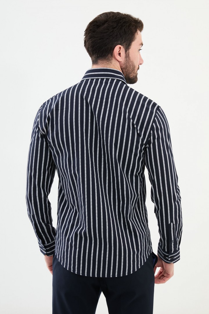 Dark Blue Color Striped Design Casual Cotton Men's Shirt