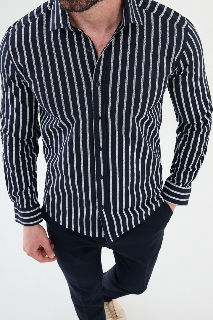 Dark Blue Color Striped Design Casual Cotton Men's Shirt