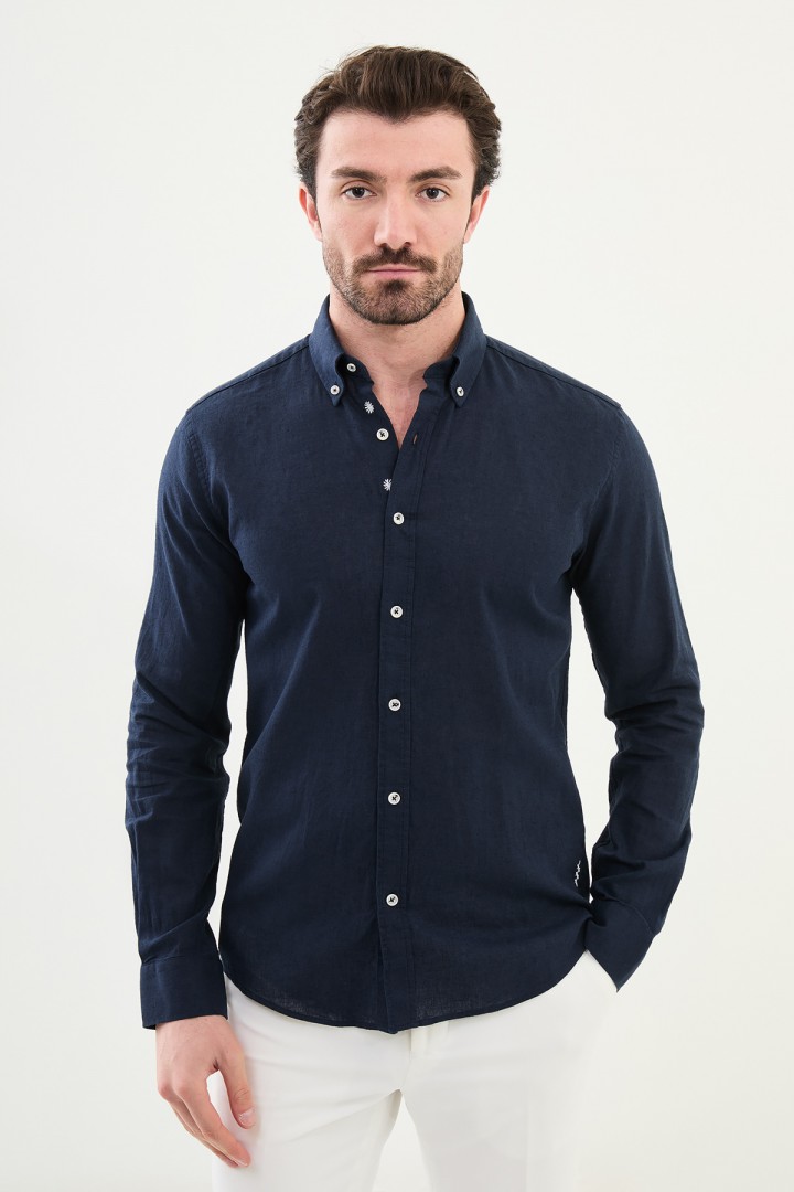 Dark Blue Color Casual Men's Linen Shirt