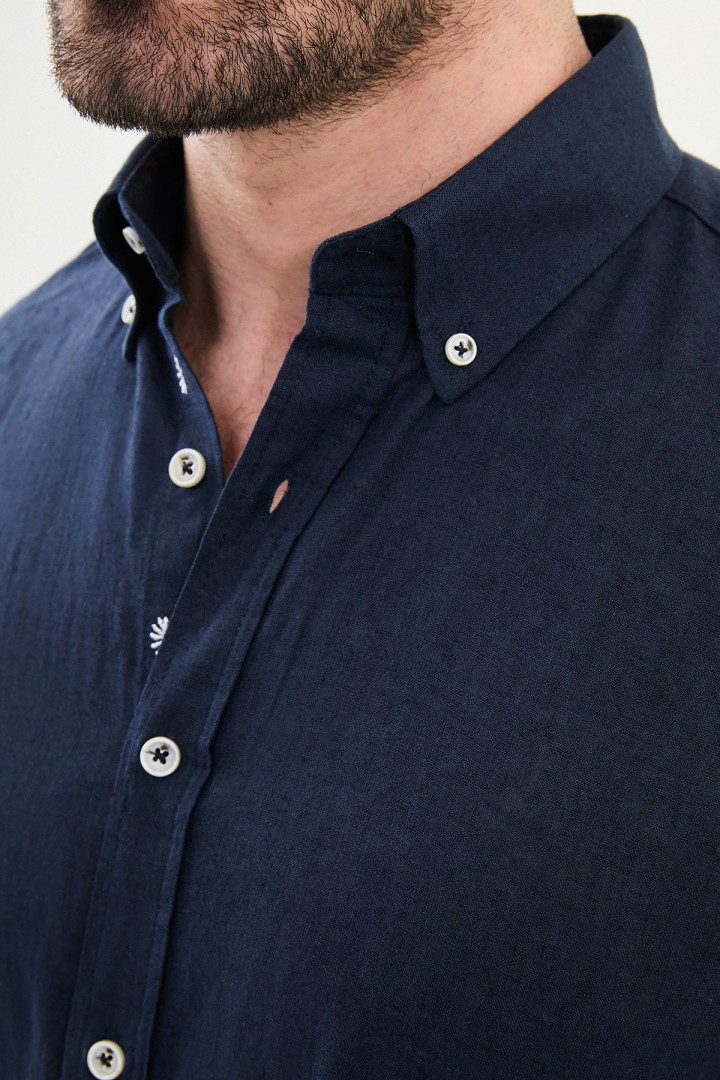 Dark Blue Color Casual Men's Linen Shirt
