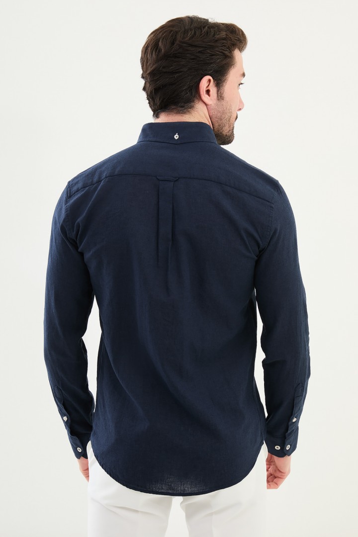 Dark Blue Color Casual Men's Linen Shirt