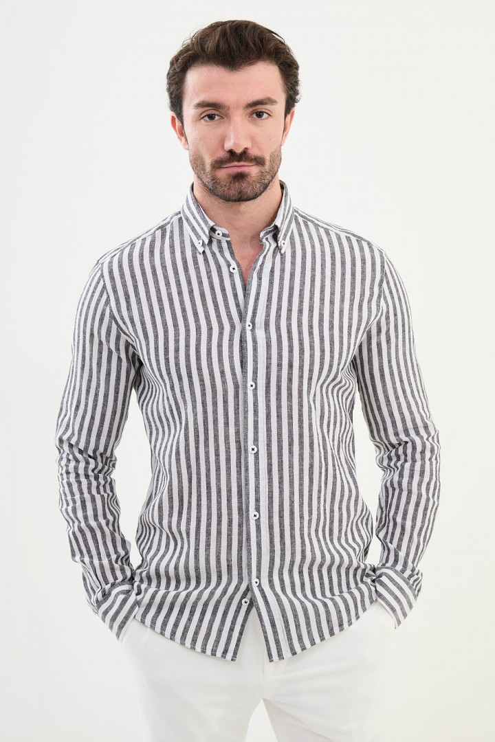 Black Color Striped Casual Linen Men's Shirt