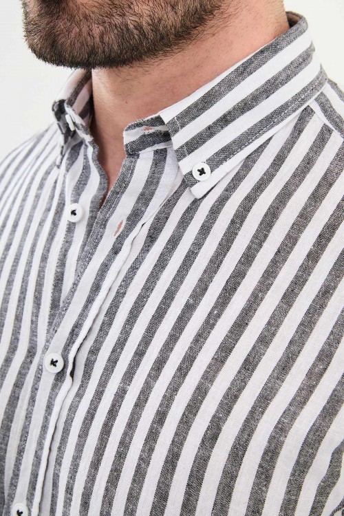 Black Color Striped Casual Linen Men's Shirt