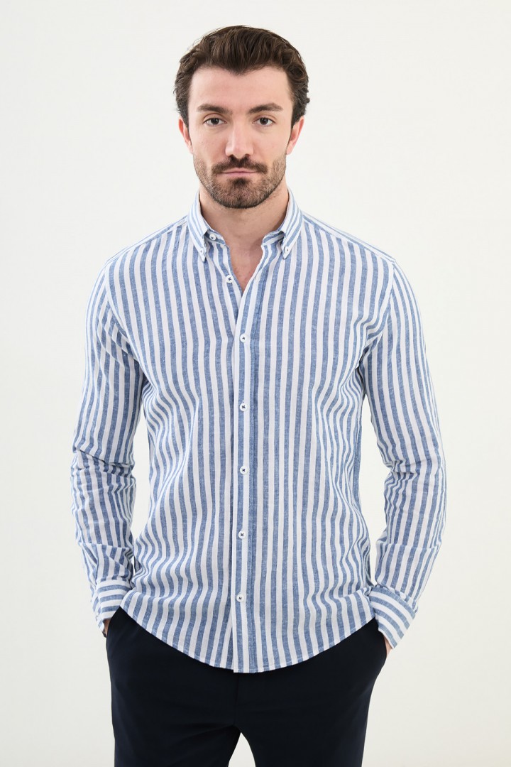 Dark Blue Color Striped Casual Linen Men's Shirt