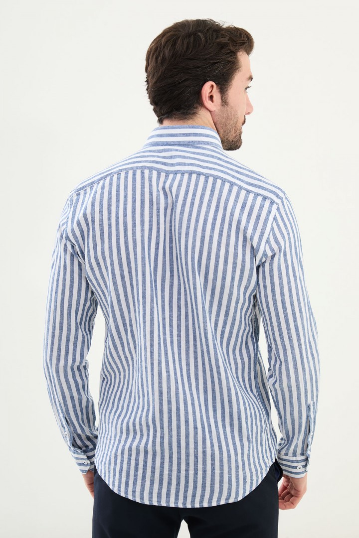 Dark Blue Color Striped Casual Linen Men's Shirt