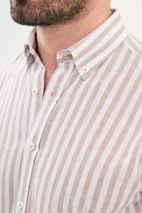 Beige Color Striped Casual Linen Men's Shirt