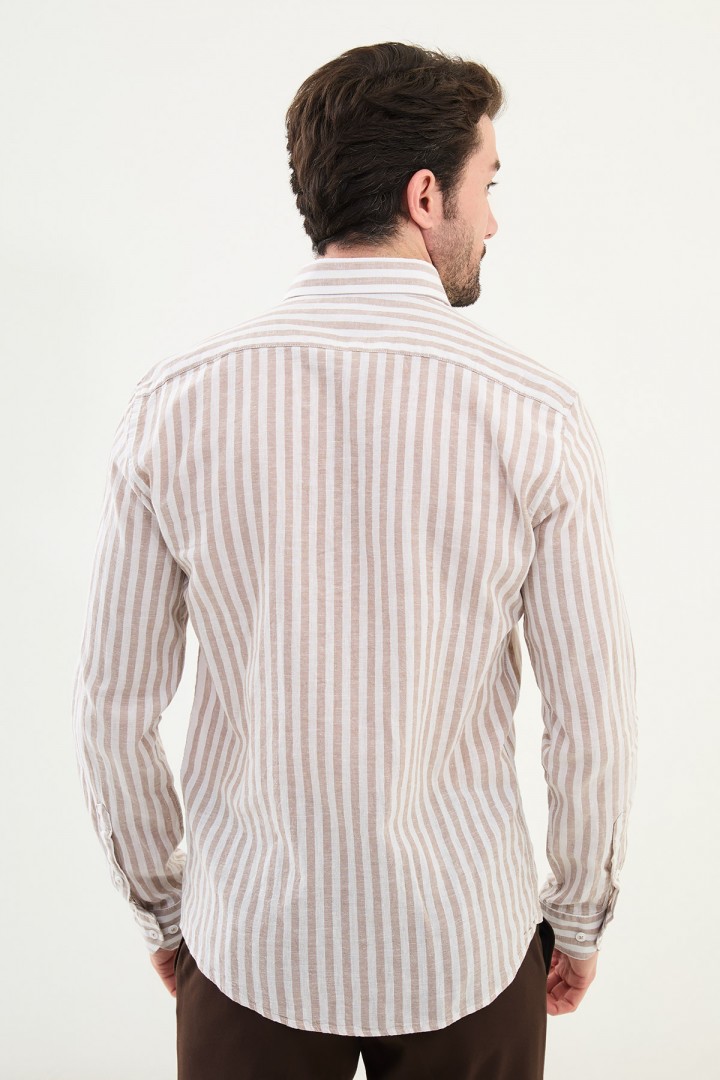 Beige Color Striped Casual Linen Men's Shirt