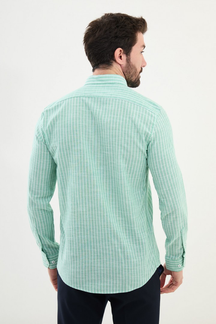 Green Color Striped Casual Cotton And Linen Men's Shirt