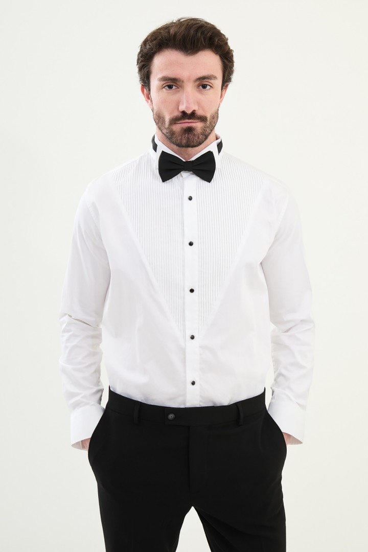 White Color Classic Lace Insert Design Men's Tuxedo Shirt