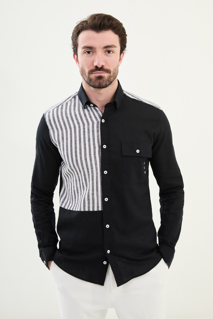 Black Color Striped And Flap Pocket Design Casual Men's Cotton Shirt